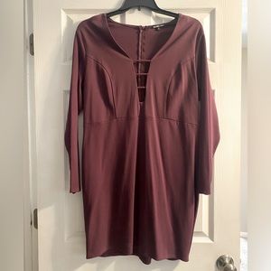 Long sleeve maroon dress with open front.